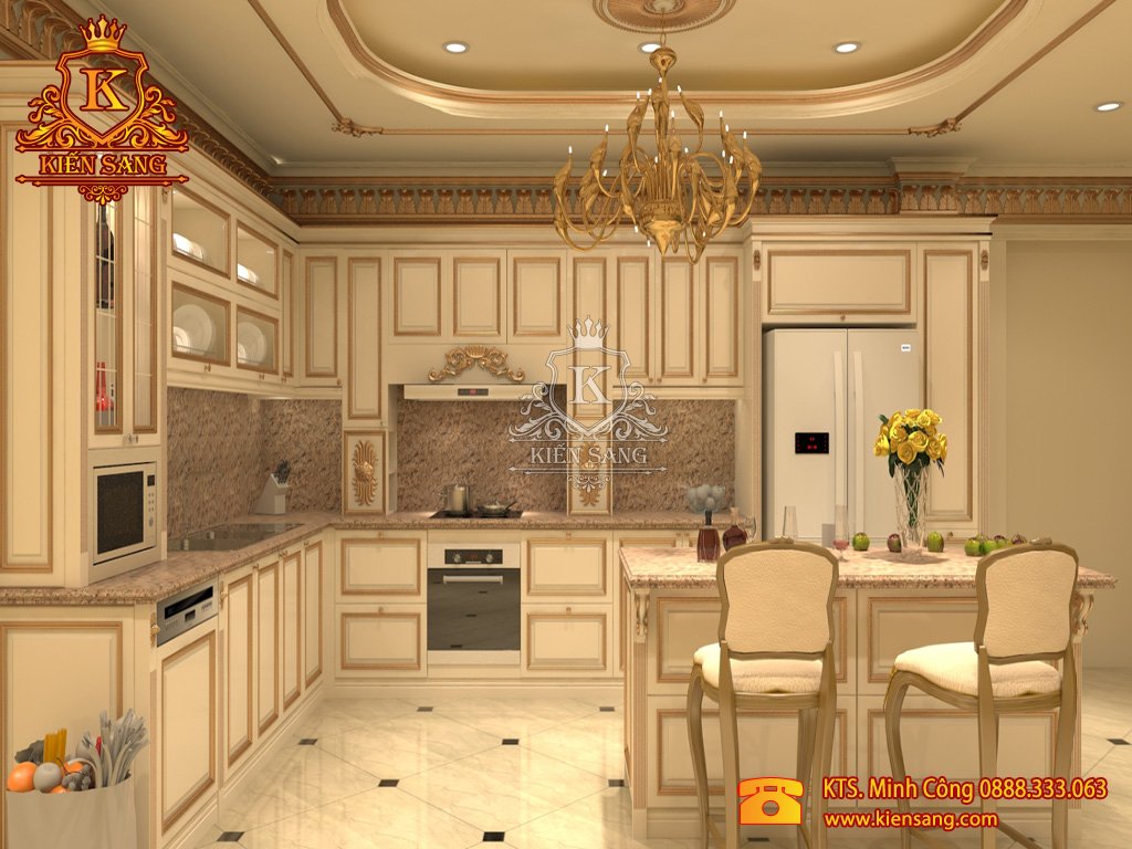 Mẫu thiết kế nội thất phòng bếp biệt thự cổ điển